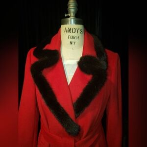 Stunning Belle Fare Red 100% Pure cashmere w brown genuine mink trim wrap coat